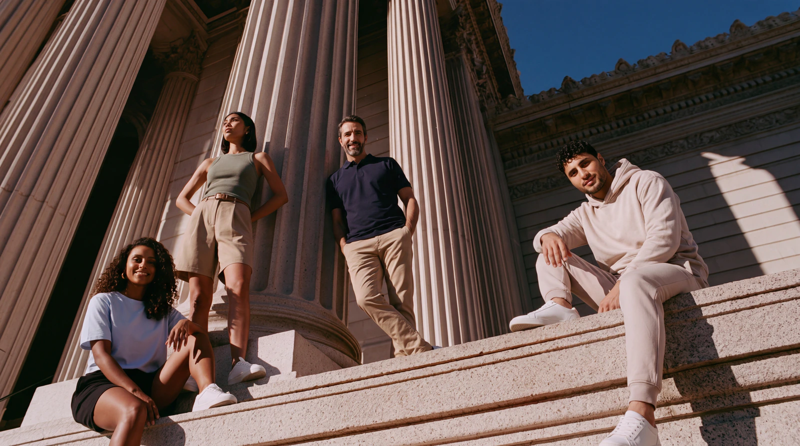 Cuatro modelos con prendas básicas Classior posando en una escalinata con columnas, a pleno sol